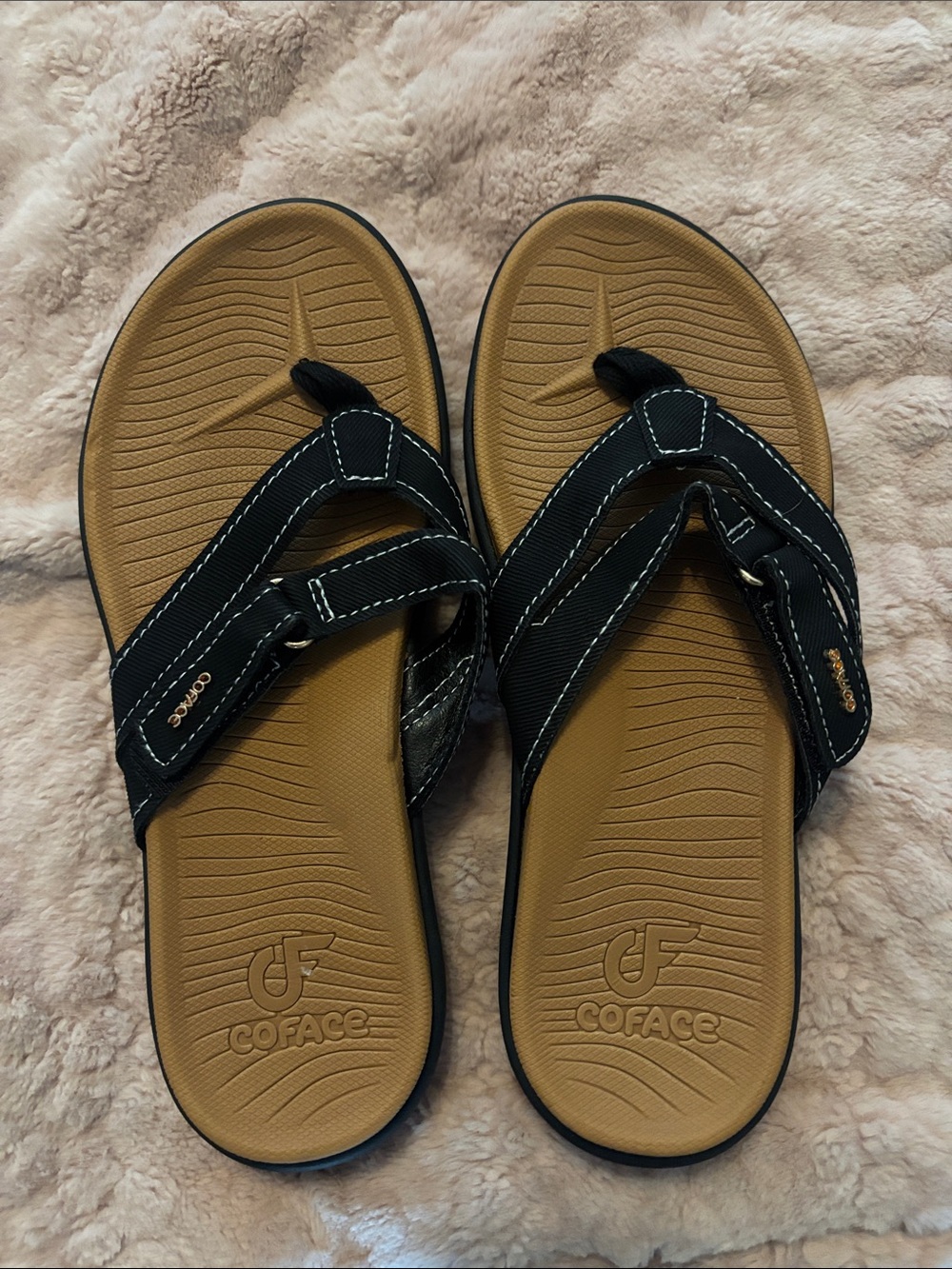 Womens Black and Tan Thong Sandals